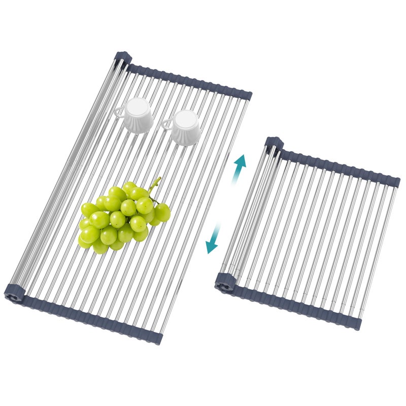 BBXTYLY Extra Large Expandable Roll Up Dish Drying RackOver The Sink Drying Rack Sink Cover Kitchen Sink Accessories Kitchen Rolling up Stainless Steel Drainer FoldableRollableGrey22817