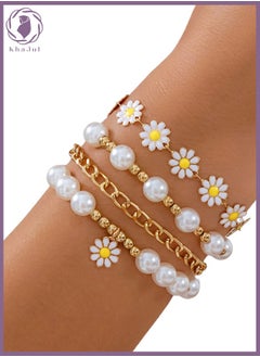 KHAJUL 4-Piece Daisy Flower Bracelet, Pearl Beaded Flower Bracelet, Multilayer Bracelet Set Flower Bracelet Women Jewelry  - Image 1