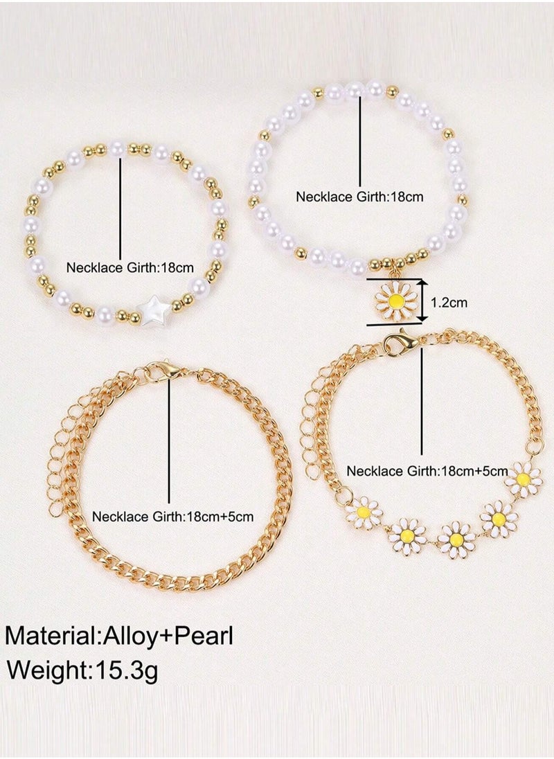 KHAJUL 4-Piece Daisy Flower Bracelet, Pearl Beaded Flower Bracelet, Multilayer Bracelet Set Flower Bracelet Women Jewelry  - Image 3