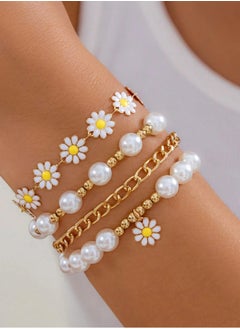 KHAJUL 4-Piece Daisy Flower Bracelet, Pearl Beaded Flower Bracelet, Multilayer Bracelet Set Flower Bracelet Women Jewelry  - Image 5