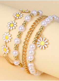 KHAJUL 4-Piece Daisy Flower Bracelet, Pearl Beaded Flower Bracelet, Multilayer Bracelet Set Flower Bracelet Women Jewelry  - Image 4