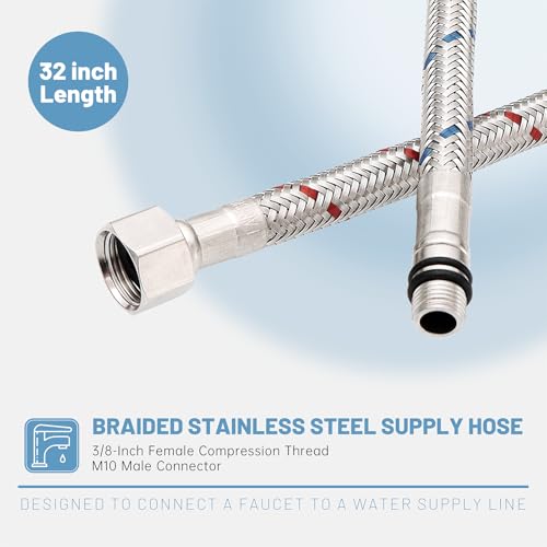 BWE 32-Inch Long Bathroom Kitchen Faucet Connector, Braided Stainless Steel Supply Hose 3/8-Inch Female Compression Thread x M10 Male Connector, x 2 Pcs (1 Pair) - Image 4