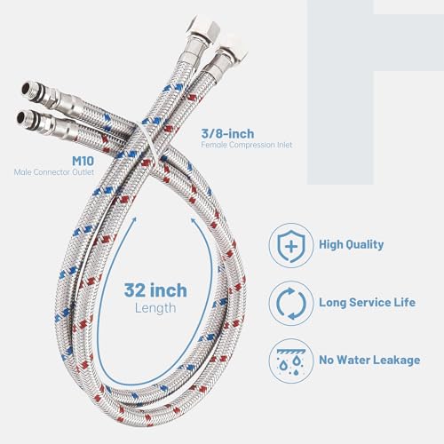 BWE 32-Inch Long Bathroom Kitchen Faucet Connector, Braided Stainless Steel Supply Hose 3/8-Inch Female Compression Thread x M10 Male Connector, x 2 Pcs (1 Pair) - Image 2