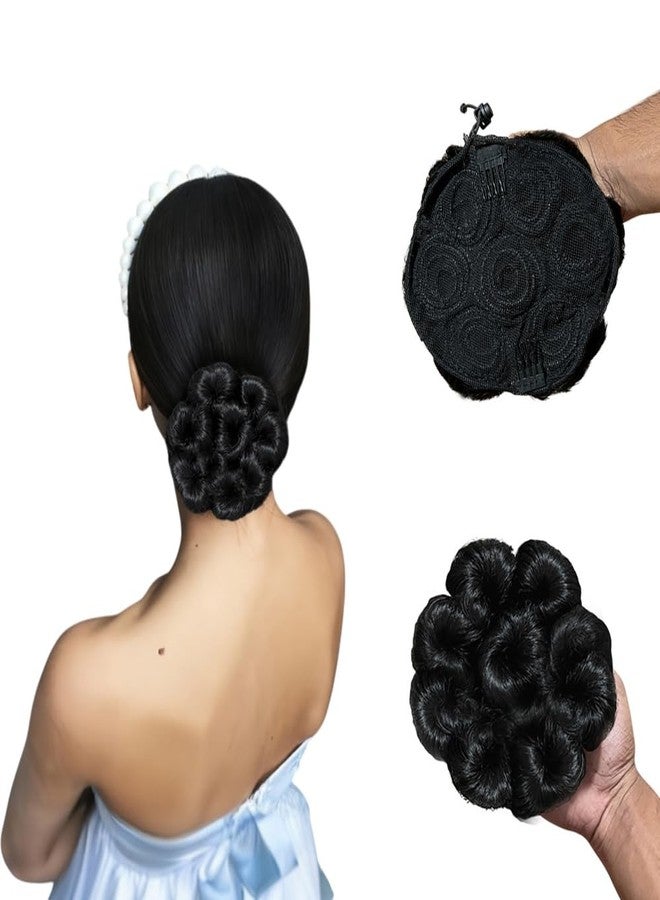 بلوشيا شعر بلوشيا على شكل كعكة، قطعة شعر صناعية دوري بانجا مع رباط مطاطي مرن (لون أسود) - Image 1