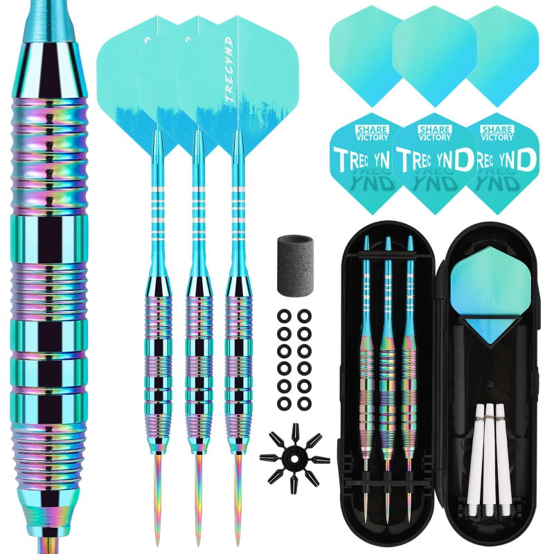 Trecynd Darts Metal Tip Set 3 Aluminum Shaft Metal Dart Set Professional Darts Steel Tip Sets + Extra Dart Flights 3 Replace Plastic Shafts Beginner or Professional Darts 22g (Green Blue) - Image 1