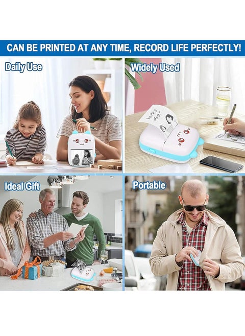 Portable Mini Printer, Mini Pocket Printer, Thermal Photo Printer for Scrapbooking Text Memo Notes Office Receipts Printing Inkless Blue