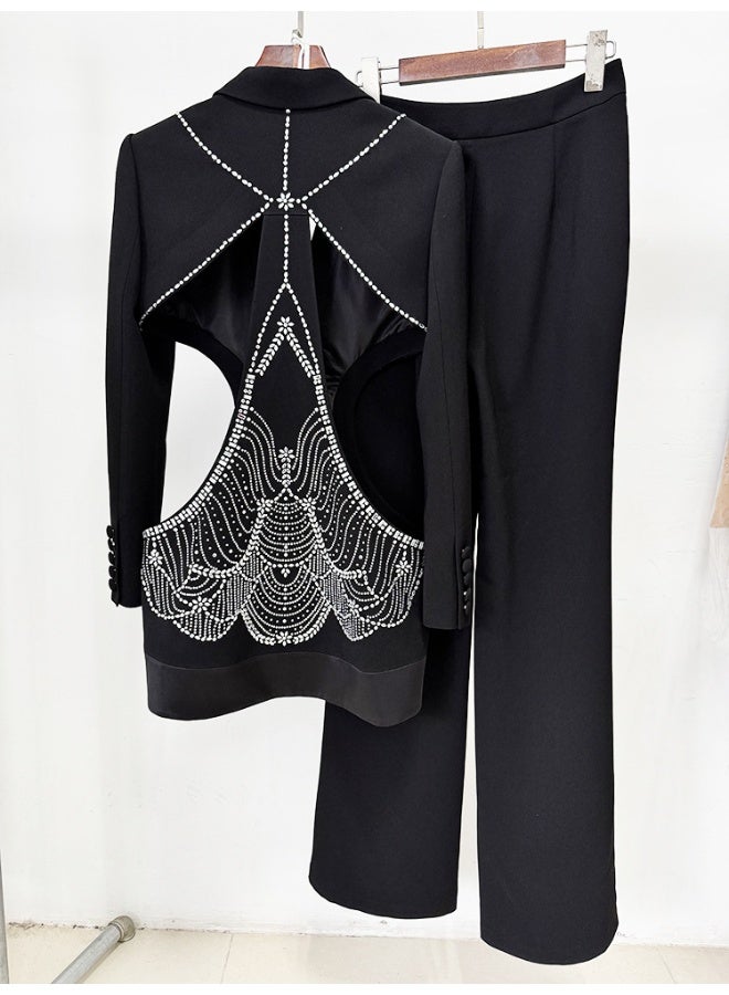 Madam Uniq Summer New Stylish Hollow-Out Rhinestone Blazer and Pants Set - Image 5