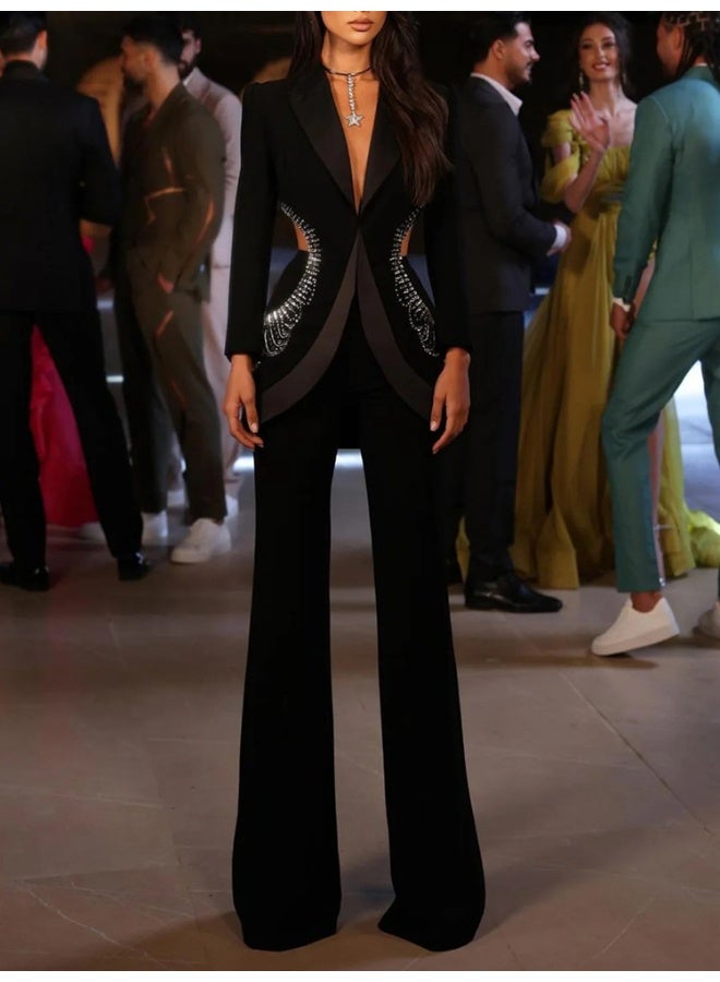 Madam Uniq Summer New Stylish Hollow-Out Rhinestone Blazer and Pants Set - Image 3