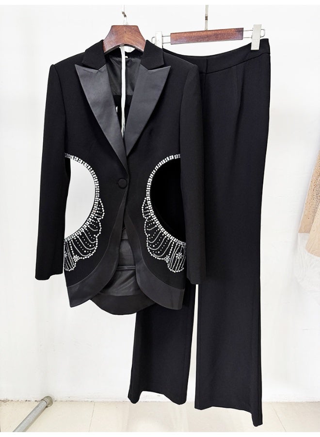Madam Uniq Summer New Stylish Hollow-Out Rhinestone Blazer and Pants Set - Image 4