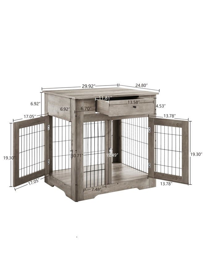 NicBex Okak Dog Crate Furniture Style Dog Cage Side Table with Drawers Wooden Dog Crate with Double Sliding Iron Doors Dog Kennel Indoor for Medium/Large Dog,Grey,29.92" L - Image 3
