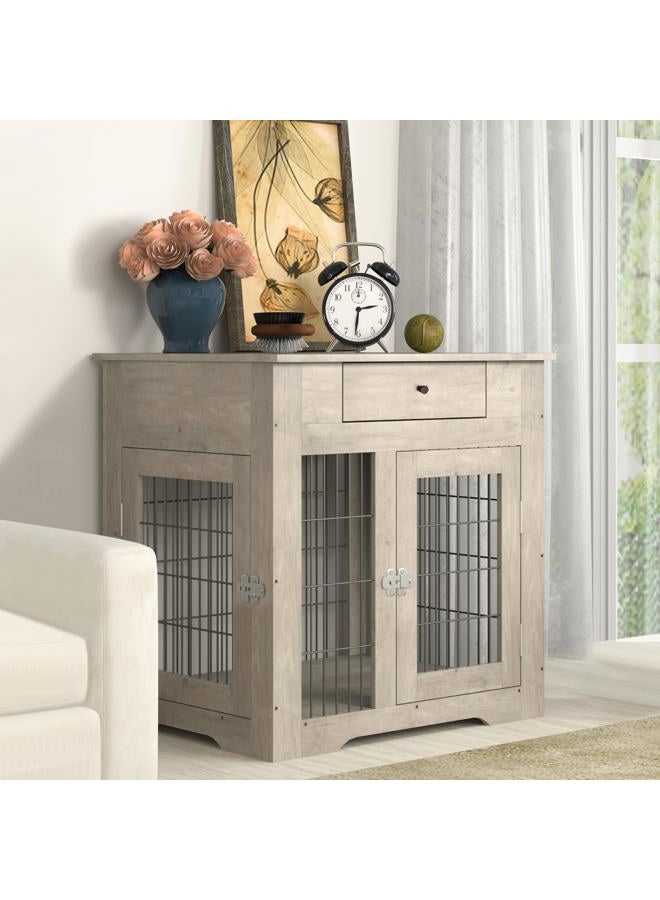 NicBex Okak Dog Crate Furniture Style Dog Cage Side Table with Drawers Wooden Dog Crate with Double Sliding Iron Doors Dog Kennel Indoor for Medium/Large Dog,Grey,29.92" L - Image 1