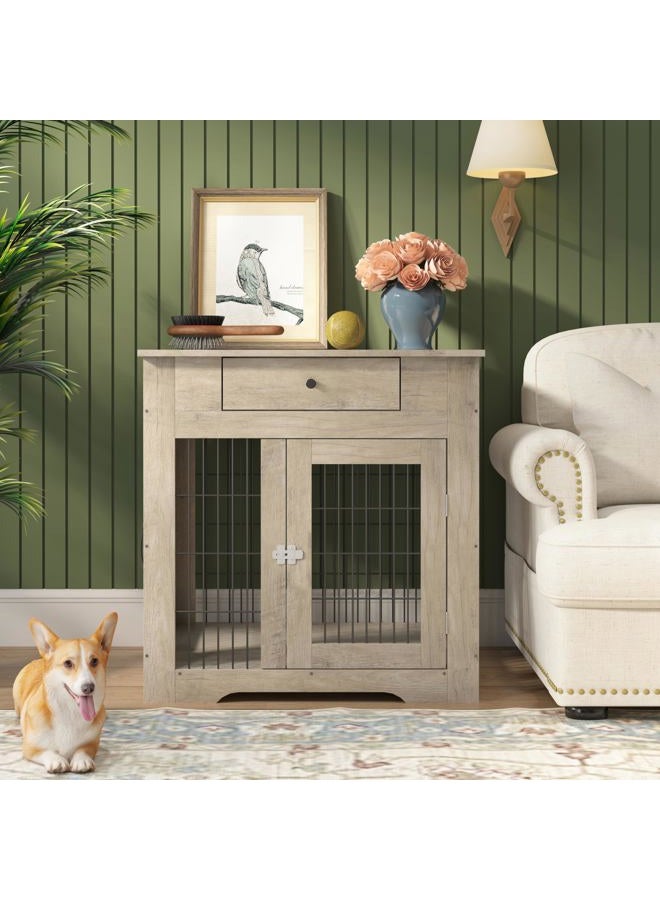 NicBex Okak Dog Crate Furniture Style Dog Cage Side Table with Drawers Wooden Dog Crate with Double Sliding Iron Doors Dog Kennel Indoor for Medium/Large Dog,Grey,29.92" L - Image 2