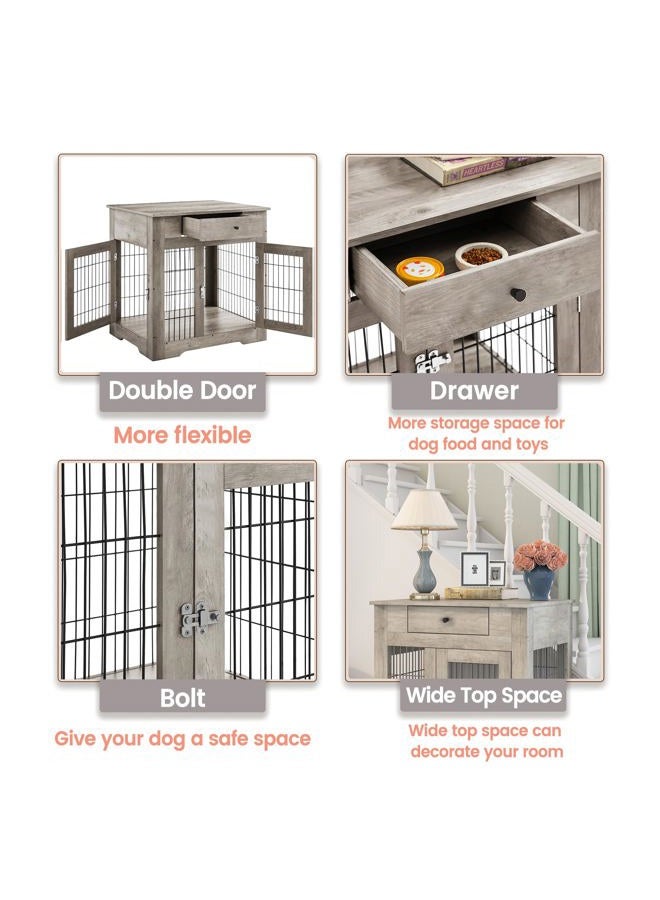 NicBex Okak Dog Crate Furniture Style Dog Cage Side Table with Drawers Wooden Dog Crate with Double Sliding Iron Doors Dog Kennel Indoor for Medium/Large Dog,Grey,29.92" L - Image 5