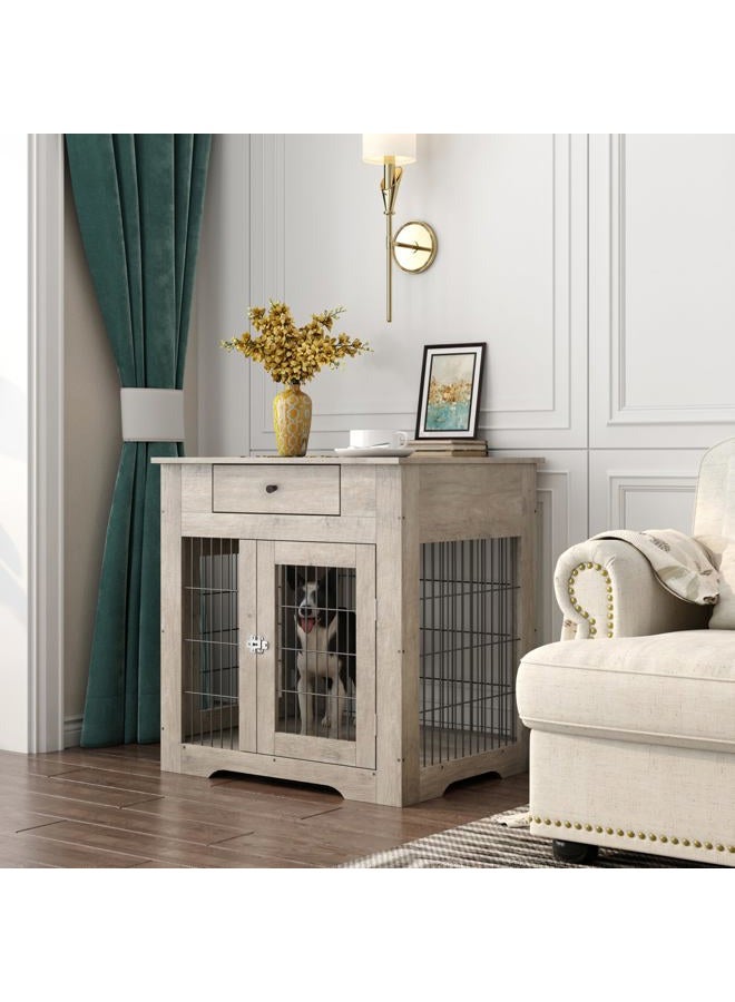 NicBex Okak Dog Crate Furniture Style Dog Cage Side Table with Drawers Wooden Dog Crate with Double Sliding Iron Doors Dog Kennel Indoor for Medium/Large Dog,Grey,29.92" L - Image 4