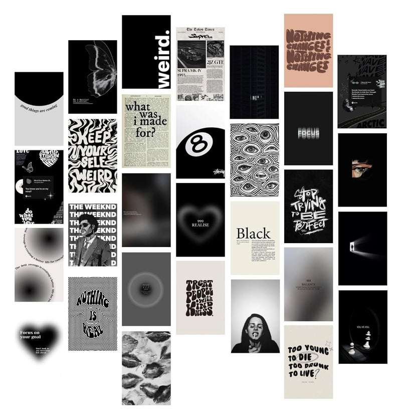 Fame Monkey - Black Pack of 30 Black theme Wall Collage Kit – 4x6 Inch Aesthetic Posters for Bedroom, Office, Living Room, Dorm Décor – Black Premium Cardstock, Includes Stick Tape for Easy Wall Decoration - Image 1