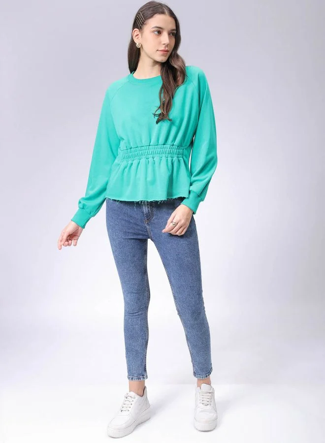 مرفوعة Women Fit and Flared Solid Shirred Sweatshirt