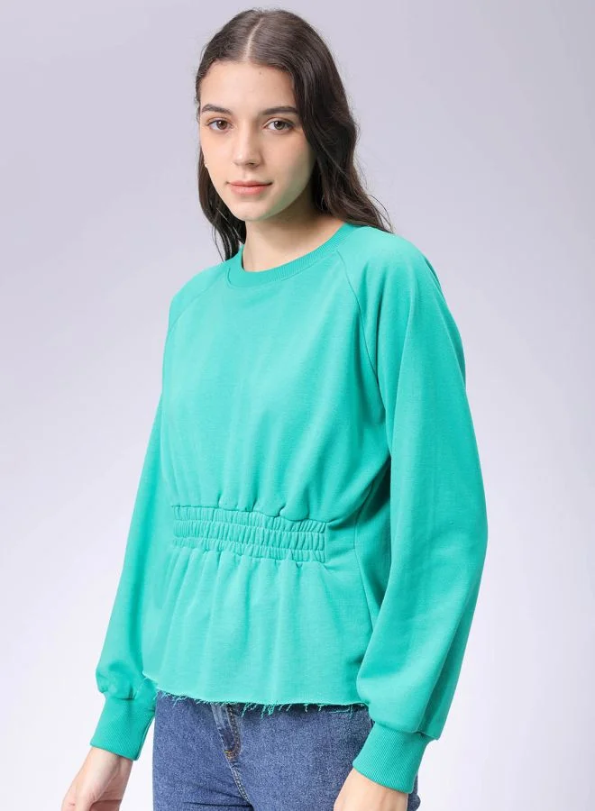 مرفوعة Women Fit and Flared Solid Shirred Sweatshirt