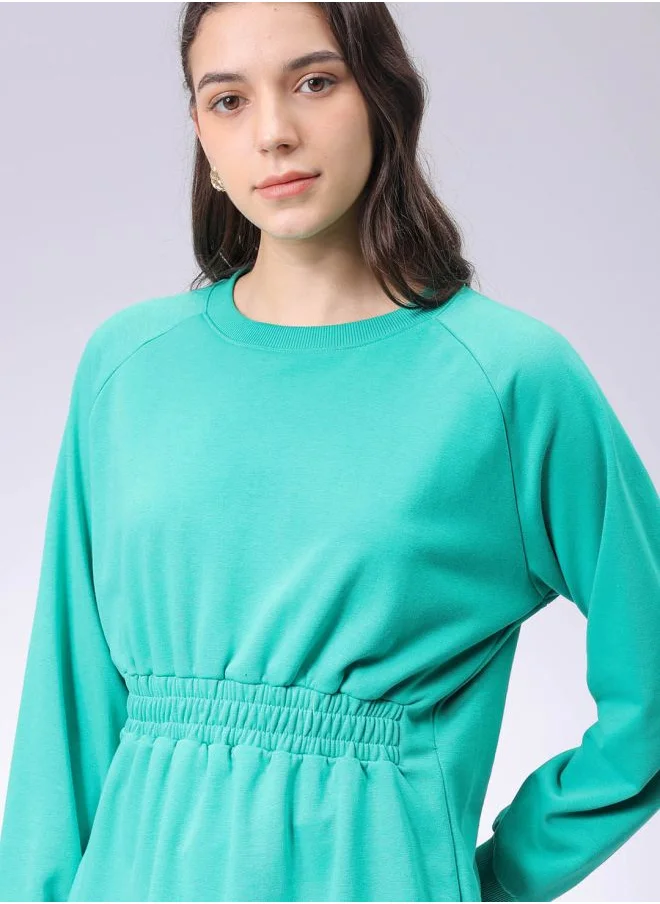Freehand Women Fit and Flared Solid Shirred Sweatshirt