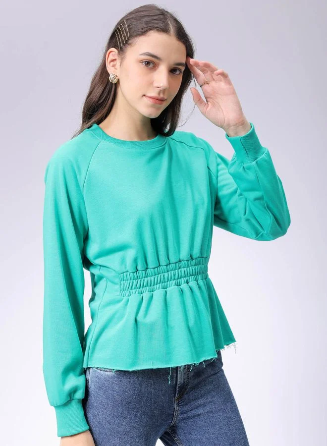 مرفوعة Women Fit and Flared Solid Shirred Sweatshirt