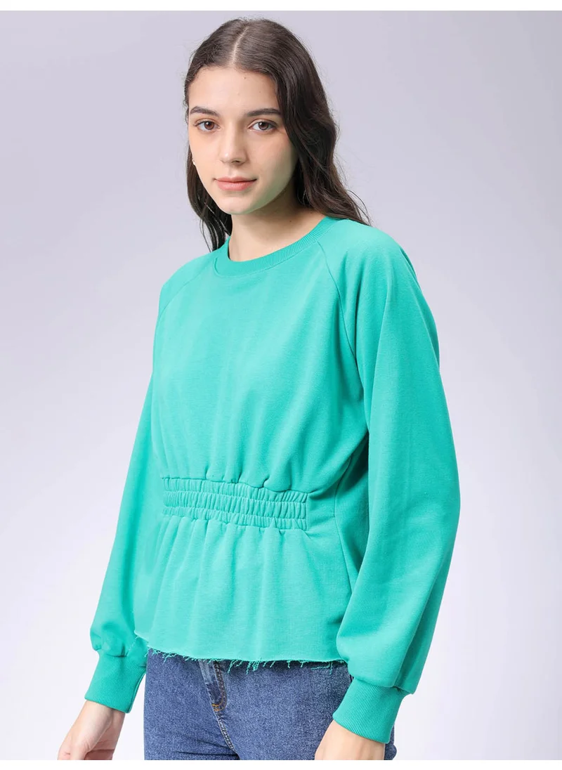 مرفوعة Women Flared Green Solid Crew Neck Long Sleeve Sweatshirt