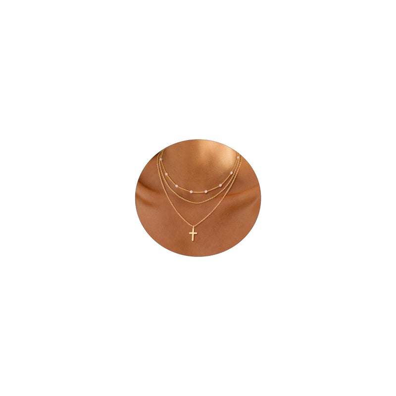 ASCOMY Layered Necklaces for Women Dainty Necklace 14K Gold Plated Pearl Necklace O Chain Necklace Cross Pendant Chain Necklace Simple Necklaces for Women Everyday Jewelry Gift - Image 1