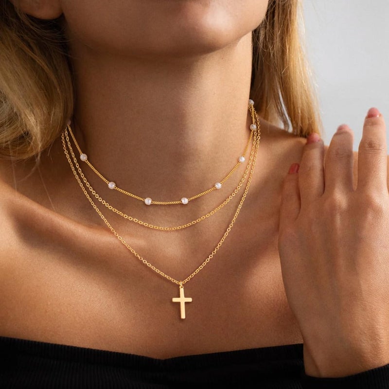 ASCOMY Layered Necklaces for Women Dainty Necklace 14K Gold Plated Pearl Necklace O Chain Necklace Cross Pendant Chain Necklace Simple Necklaces for Women Everyday Jewelry Gift - Image 3