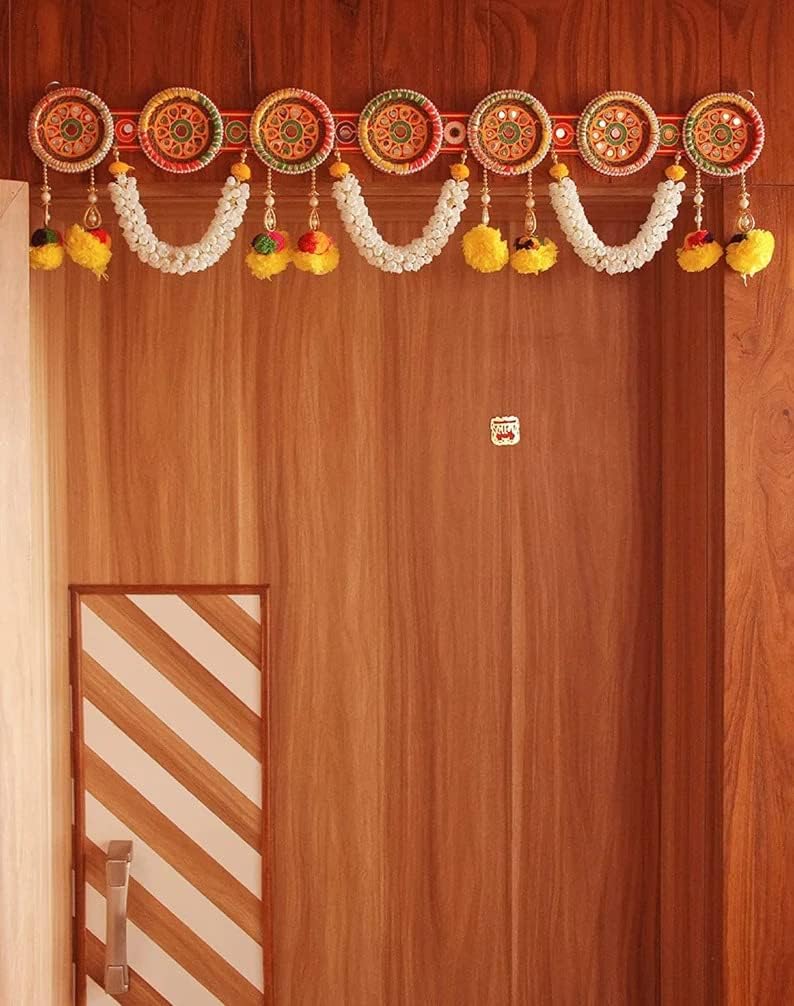 PREETENCY Jaipuri Multi Ring with Marigold Flowers Vintage Traditional Multi Zula Pearl Plastic Beads Handmade Door HangingBandarwalToran for Door37 inch Length Multicolor Medium Round Ring - Image 1