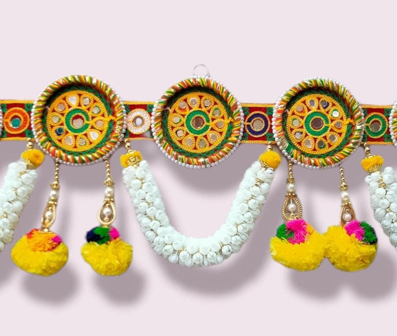 PREETENCY Jaipuri Multi Ring with Marigold Flowers Vintage Traditional Multi Zula Pearl Plastic Beads Handmade Door HangingBandarwalToran for Door37 inch Length Multicolor Medium Round Ring - Image 3