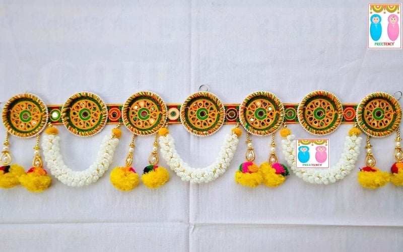 PREETENCY Jaipuri Multi Ring with Marigold Flowers Vintage Traditional Multi Zula Pearl Plastic Beads Handmade Door HangingBandarwalToran for Door37 inch Length Multicolor Medium Round Ring - Image 4