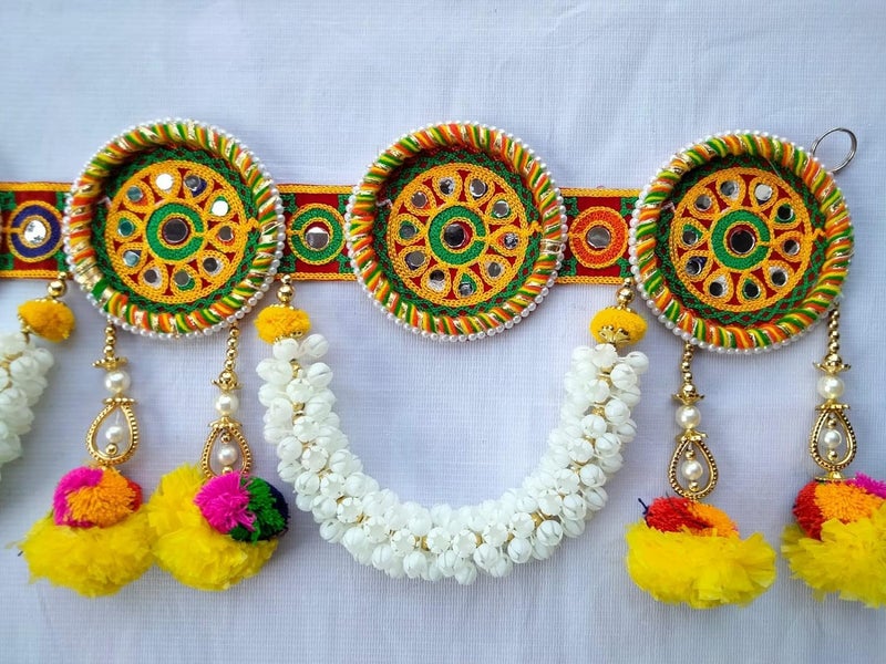 PREETENCY Jaipuri Multi Ring with Marigold Flowers Vintage Traditional Multi Zula Pearl Plastic Beads Handmade Door HangingBandarwalToran for Door37 inch Length Multicolor Medium Round Ring - Image 2