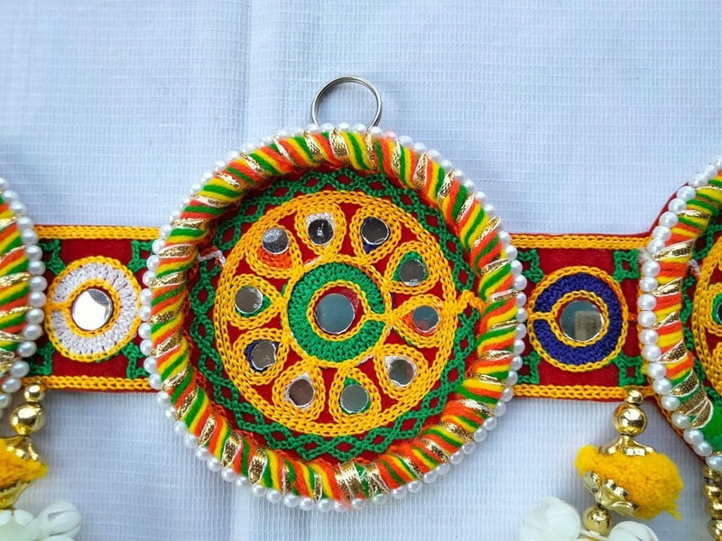 PREETENCY Jaipuri Multi Ring with Marigold Flowers Vintage Traditional Multi Zula Pearl Plastic Beads Handmade Door HangingBandarwalToran for Door37 inch Length Multicolor Medium Round Ring - Image 5