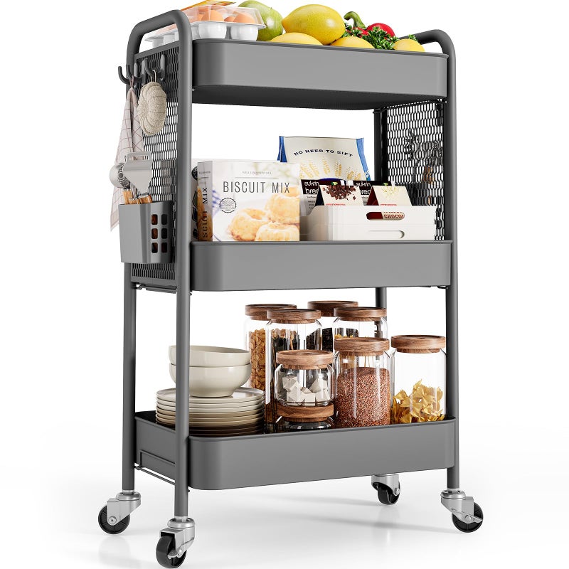 TOOLF Rolling Carts with Wheels, 3 Tier Rolling Utility Cart, Metal Storage Organizer with Pegboard Hooks Bins for Bathroom Kitchen Storage, Three Tier Cart for Book Diaper & Craft Art Supplies, Grey - Image 1