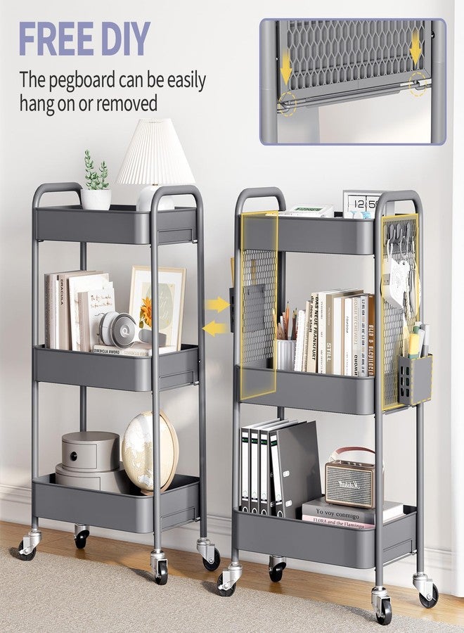 TOOLF Rolling Carts with Wheels, 3 Tier Rolling Utility Cart, Metal Storage Organizer with Pegboard Hooks Bins for Bathroom Kitchen Storage, Three Tier Cart for Book Diaper & Craft Art Supplies, Grey - Image 3