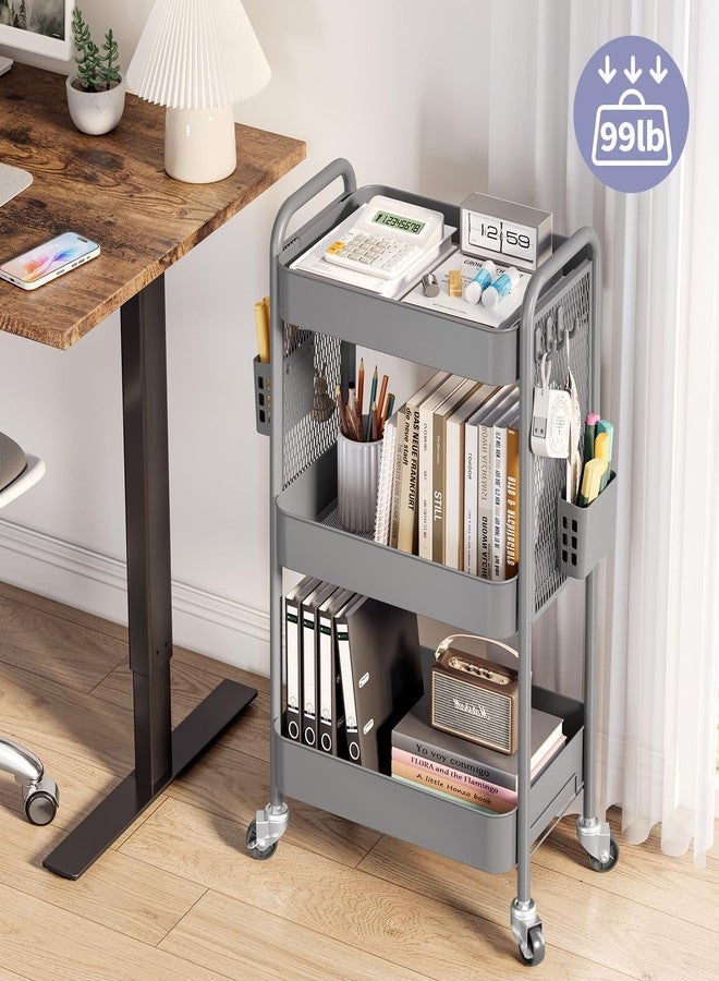 TOOLF Rolling Carts with Wheels, 3 Tier Rolling Utility Cart, Metal Storage Organizer with Pegboard Hooks Bins for Bathroom Kitchen Storage, Three Tier Cart for Book Diaper & Craft Art Supplies, Grey - Image 2