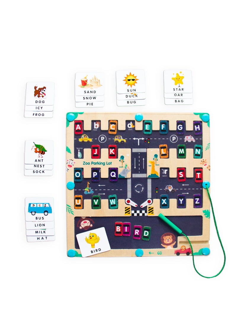 SYOSI Wooden Education Alphabet, Magnetic Alphabet Maze Letter Puzzle，Montessori Toys, Fine Motor Skills Toys for Kids, Wooden Puzzle Activity Board Sensory Toys, Learning Educational Toys (Cars, Square) - Image 1