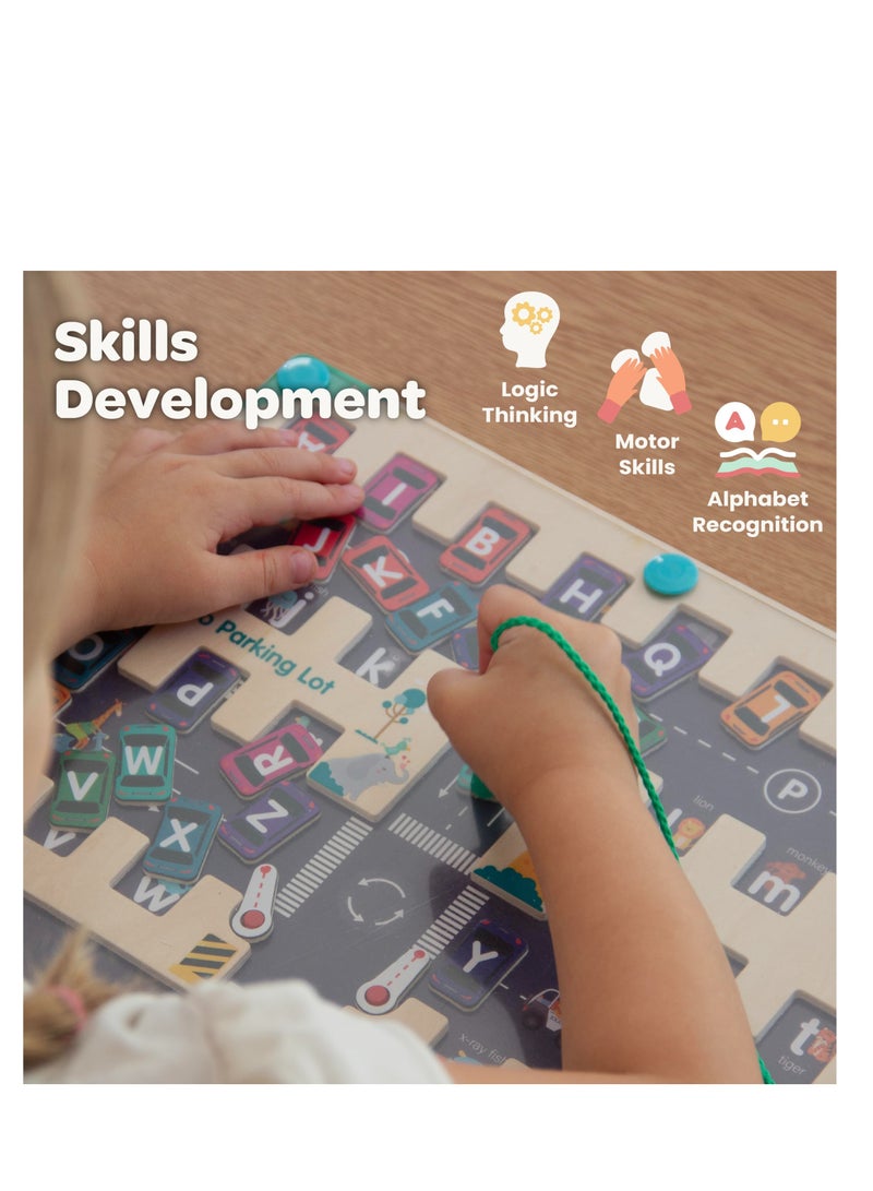 SYOSI Wooden Education Alphabet, Magnetic Alphabet Maze Letter Puzzle，Montessori Toys, Fine Motor Skills Toys for Kids, Wooden Puzzle Activity Board Sensory Toys, Learning Educational Toys (Cars, Square) - Image 3