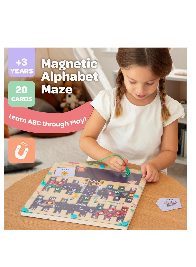 SYOSI Wooden Education Alphabet, Magnetic Alphabet Maze Letter Puzzle，Montessori Toys, Fine Motor Skills Toys for Kids, Wooden Puzzle Activity Board Sensory Toys, Learning Educational Toys (Cars, Square) - Image 2