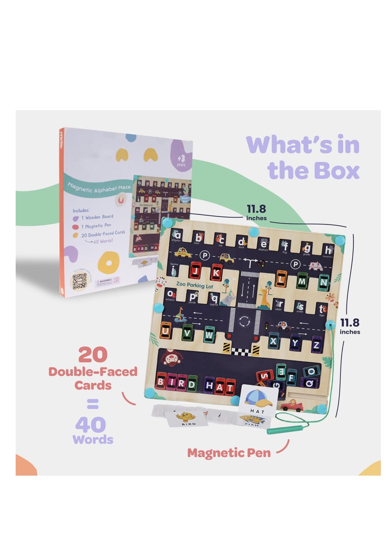 SYOSI Wooden Education Alphabet, Magnetic Alphabet Maze Letter Puzzle，Montessori Toys, Fine Motor Skills Toys for Kids, Wooden Puzzle Activity Board Sensory Toys, Learning Educational Toys (Cars, Square) - Image 4