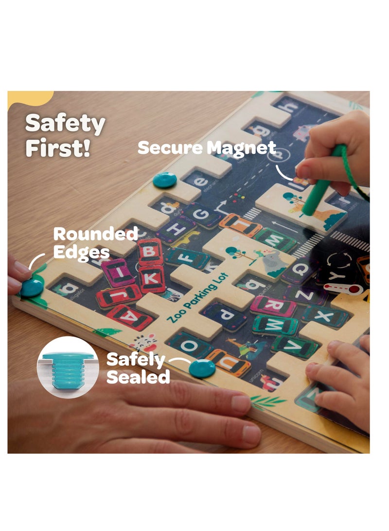 SYOSI Wooden Education Alphabet, Magnetic Alphabet Maze Letter Puzzle，Montessori Toys, Fine Motor Skills Toys for Kids, Wooden Puzzle Activity Board Sensory Toys, Learning Educational Toys (Cars, Square) - Image 5