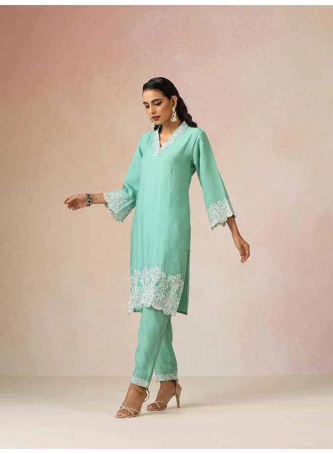 trueBrowns trueBrowns Mint Green Embroidered Straight Kurta Co-Ord Set