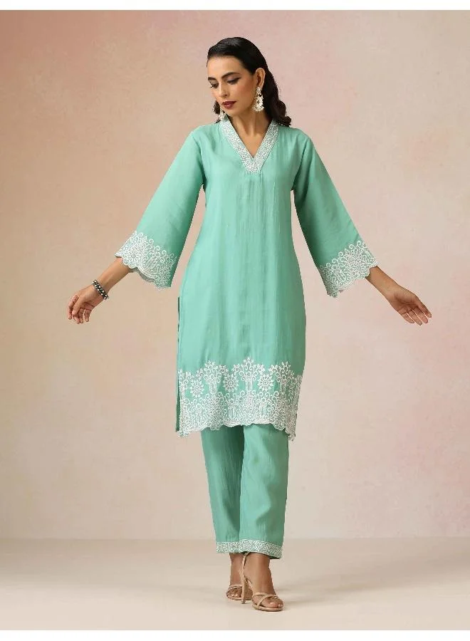trueBrowns Mint Green Embroidered Straight Kurta Co-Ord Set