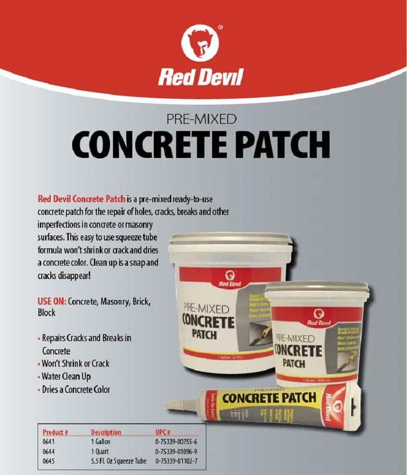 Red Devil 0644 Concrete Repair Patch, Cement Crack Fillter, Pre-Mixed, 1 Quart, Pack of 1, Gray, Made in USA - Image 2