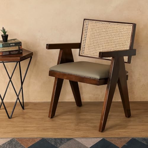 X went Furniture Sheesham Wood Arm Chair with Cushion and Cane Back Support Chair Living Room Bedroom Home Wooden Armchair Furniture Garden Balcony Outdoor & Indoor (Grey seat) - Image 1