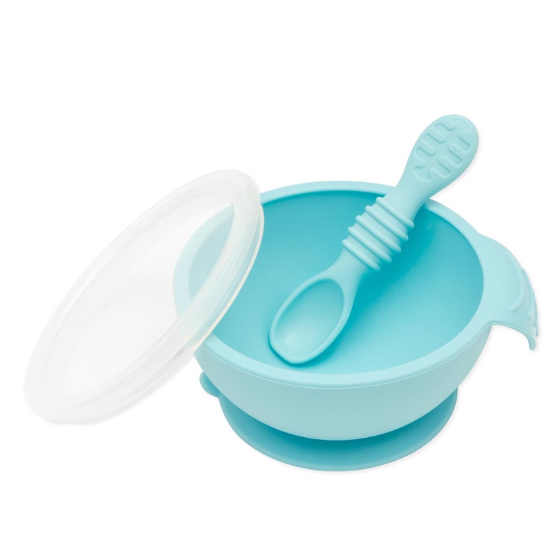 Bumkins Silicone Baby Feeding Set with Suction Includes Spoon and Lid Essential for Baby Led Weaning Blue