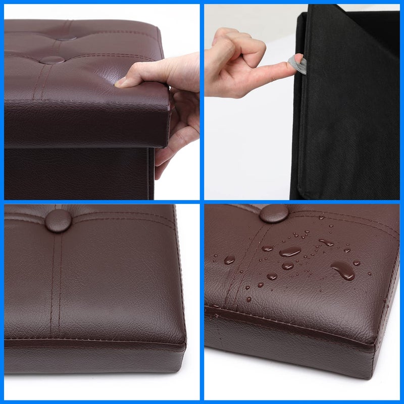 Bsketa Storage Ottoman, Folding Foot Stool with Thicker Foam Padded Seat Small Leather Storage Ottoman Bench Foot Rest for Living Room Foldable Coffee Table 17x13x13in,Brown - Image 3
