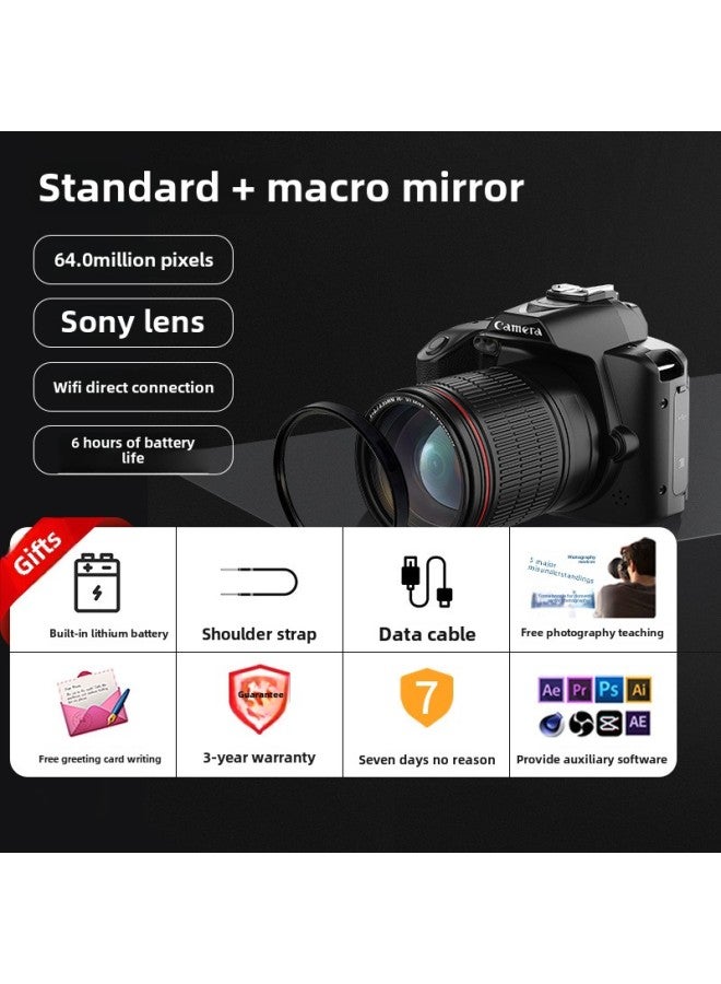 Generic High-definition Retro CCD Camera 6400w Student-specific Entry-level Travel Vlog Portable Affordable Card Player-Body Color:★♥★D5 Black Night Vision Version Comes Standard With + Macro Lens  - Image 1