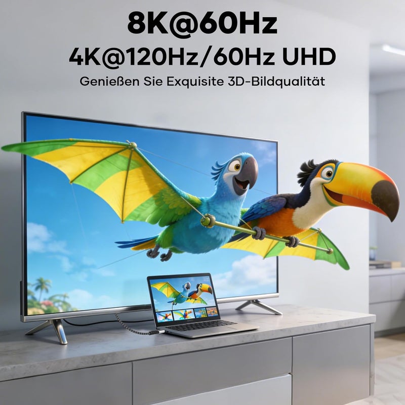 كابل HDMI صغير من نوع Mini HDMI إلى HDMI، طوله 2 متر، يدعم تقنيات 8K @ 60Hz و4K @ 120Hz، بسرعة نقل بيانات تصل إلى 48 Gbps، ويدعم تنسيقات UHD و3D وHDR وeARC. متوافق مع الكاميرات الفيديو وأجهزة اللابتوب والأجهزة اللوحية وأجهزة التلفاز عالية الدقة (HDTV) وأجهزة العرض (Projectors). - Image 3
