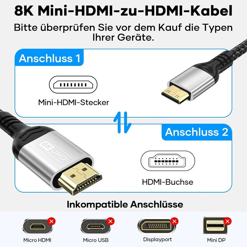 كابل HDMI صغير من نوع Mini HDMI إلى HDMI، طوله 2 متر، يدعم تقنيات 8K @ 60Hz و4K @ 120Hz، بسرعة نقل بيانات تصل إلى 48 Gbps، ويدعم تنسيقات UHD و3D وHDR وeARC. متوافق مع الكاميرات الفيديو وأجهزة اللابتوب والأجهزة اللوحية وأجهزة التلفاز عالية الدقة (HDTV) وأجهزة العرض (Projectors). - Image 2