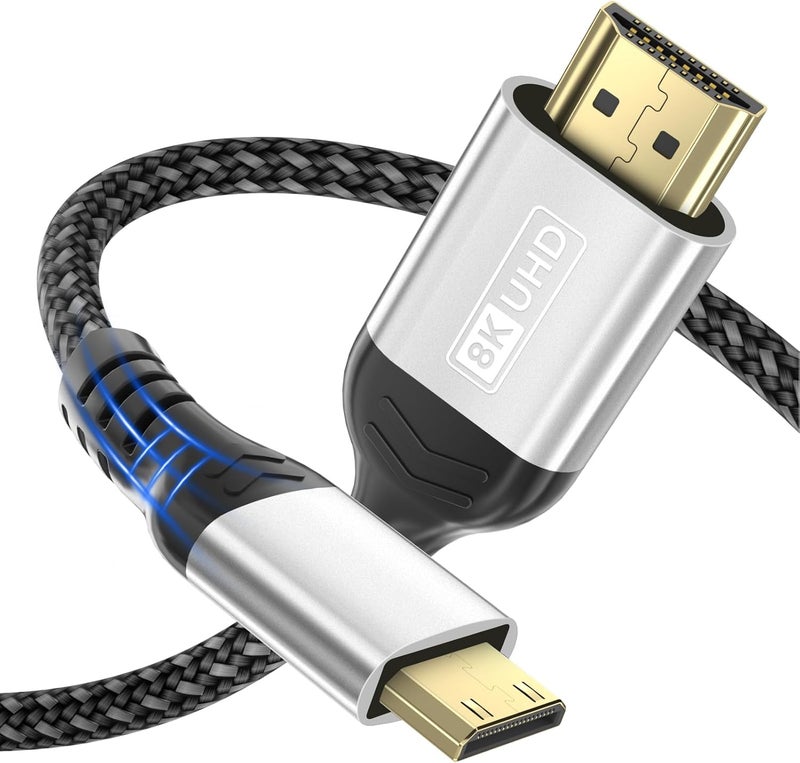 كابل HDMI صغير من نوع Mini HDMI إلى HDMI، طوله 2 متر، يدعم تقنيات 8K @ 60Hz و4K @ 120Hz، بسرعة نقل بيانات تصل إلى 48 Gbps، ويدعم تنسيقات UHD و3D وHDR وeARC. متوافق مع الكاميرات الفيديو وأجهزة اللابتوب والأجهزة اللوحية وأجهزة التلفاز عالية الدقة (HDTV) وأجهزة العرض (Projectors). - Image 1