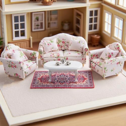Minamzee 112 Dollhouse Couch Furniture Set 16Pcs Wooden Miniature Sofa Set Dollhouse White Fabric Printed Double Single Sofa with Pillow and Living Room Accessories - Image 1